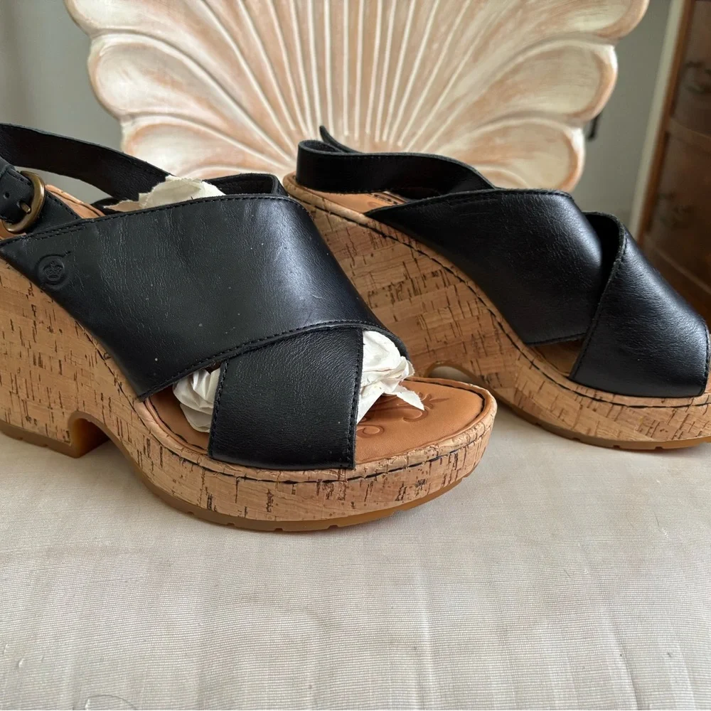 Born Black Leather Cork Wedge Sandals
